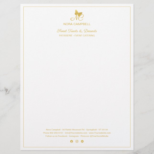 Gold Butterfly Monogram Social Media Small Border Custom Letterhead (Front)