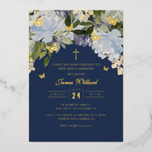 Gold Butterfly Navy Boys First Communion Foil