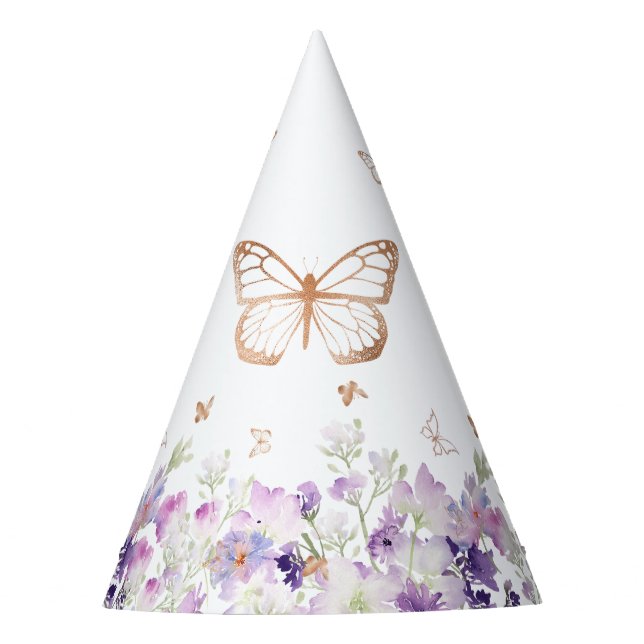 Gold butterfly purple floral birthday party hat (Front)