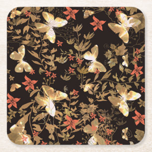 Gold butterfly square paper coaster