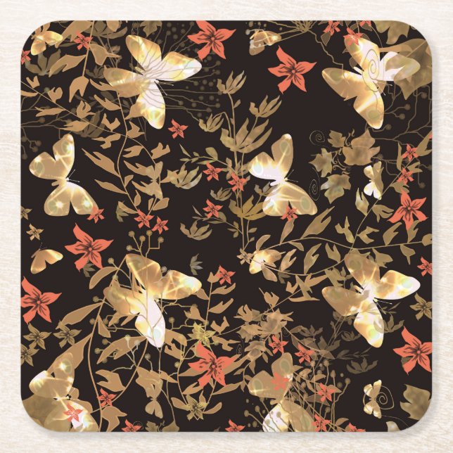 Gold butterfly square paper coaster (Front)