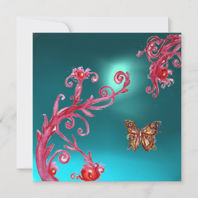 GOLD BUTTERFLY TEAL AQUA BLUE GEMSTONE INVITATION (Front)
