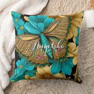 Gold Butterfly Teal Flowers Personalised Name Cushion