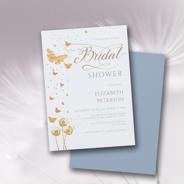 Gold Butterfly Wildflowers Boho Blue Bridal Shower Invitation (dusty blue gold butterflies romantic modern calligraphy bridal shower invitation elegant boho)