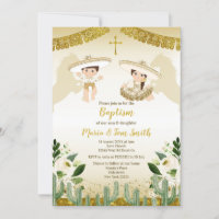 Gold Cactus Birthday Baptism Fiesta Twin Invitatio