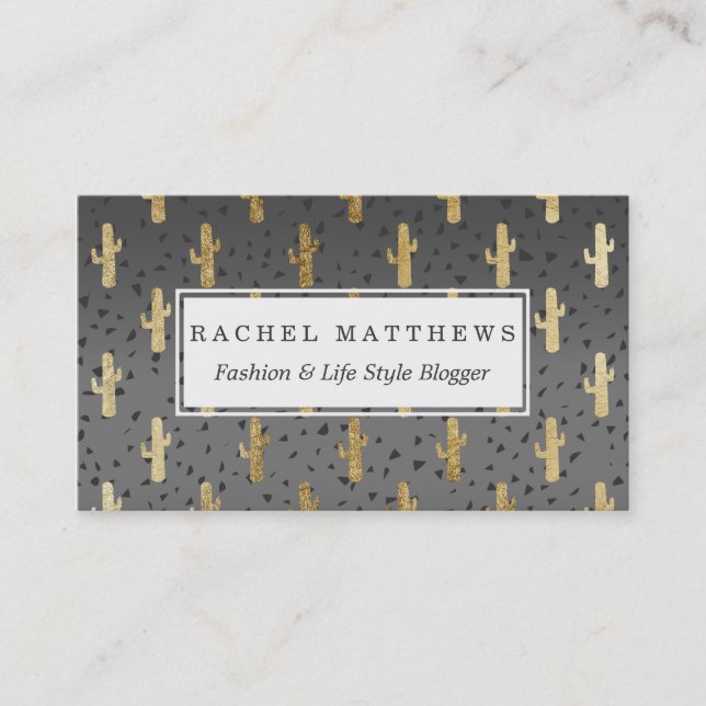 Gold Cactus on Modern Chic Geo Triangles Gradient Business Card (Front)