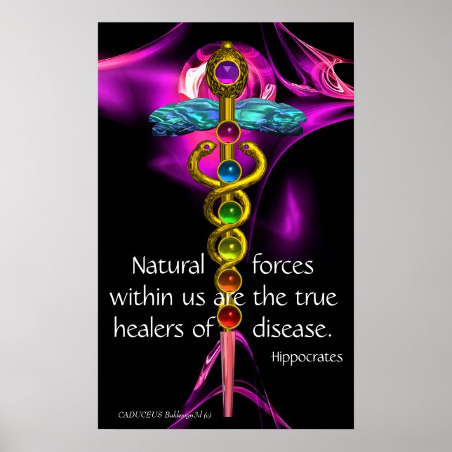 GOLD CADUCEUS,7 CHAKRAS, ULTRA VIOLET Medical,Yoga Poster (Front)