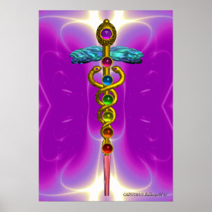 GOLD CADUCEUS 7 CHAKRAS,Yoga,Medical  Pink Fuchsia Poster