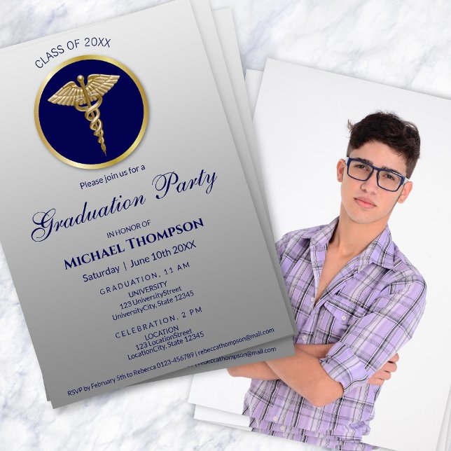 Gold Caduceus Blue Medical Graduation | Photo Invitation (Creator Uploaded)