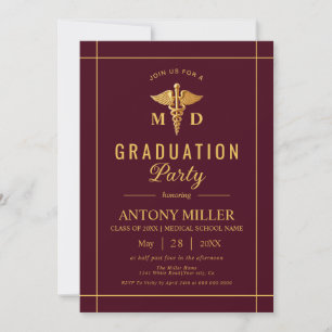 Gold caduceus Class Of 2025 burgundy graduation Invitation