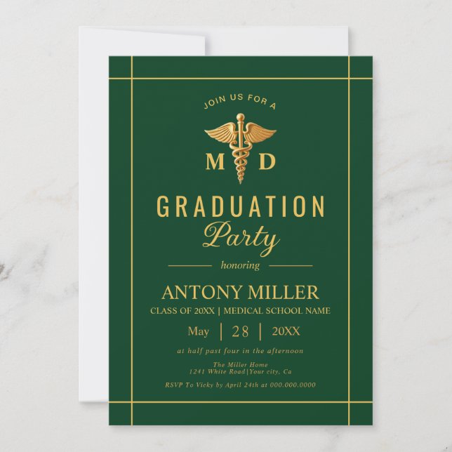 Gold caduceus Class Of 2025 green graduation Invitation (Front)