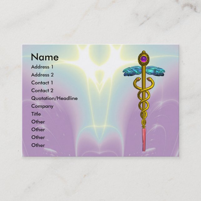 GOLD CADUCEUS,DOCTOR ,MEDICAL SERVICE Purple Teal Business Card (Front)