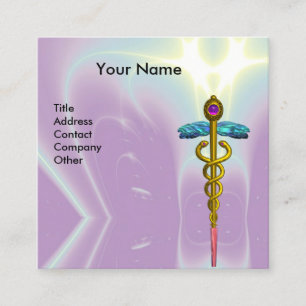 GOLD CADUCEUS,DOCTOR ,MEDICAL SERVICE Purple Teal Square Business Card