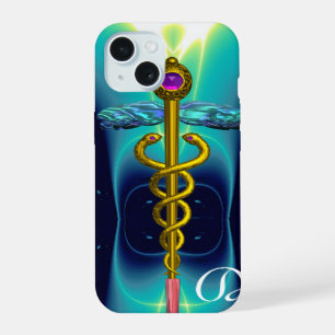 GOLD CADUCEUS MEDICAL MONOGRAM ,Teal Aqua blue iPhone 15 Case