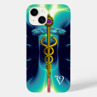 GOLD CADUCEUS MEDICAL MONOGRAM Turquoise Blue