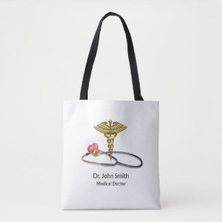 Gold Caduceus & Medical Stethoscope with Heart Tote Bag