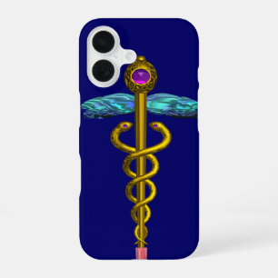 GOLD CADUCEUS MEDICAL SYMBOL ,Blue iPhone 16 Case
