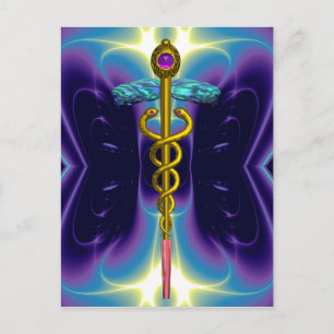 GOLD CADUCEUS MEDICAL SYMBOL BLUE PURPLE FRACTALS POSTCARD