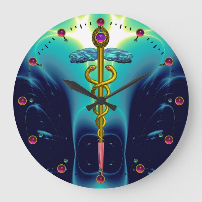 GOLD CADUCEUS MEDICAL SYMBOL Blue Turquoise Large Clock (Front)
