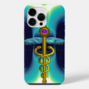 GOLD CADUCEUS MEDICAL SYMBOL ,Blue Turquoise Teal iPhone 14 Pro Max Case