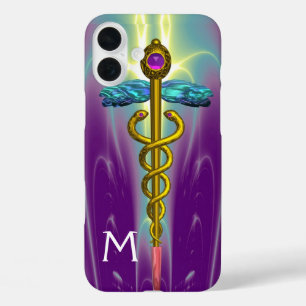 GOLD CADUCEUS MEDICAL SYMBOL Green Purple Monogram iPhone 16 Plus Case