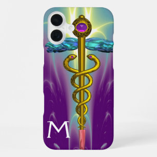 GOLD CADUCEUS MEDICAL SYMBOL Green Purple Monogram iPhone 16 Plus Case