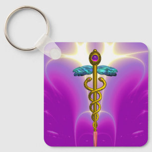 GOLD CADUCEUS MEDICAL SYMBOL,Pink Fuchsia Key Ring