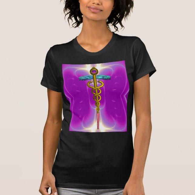 GOLD CADUCEUS MEDICAL SYMBOL, Pink Fuchsia T-Shirt (Front)