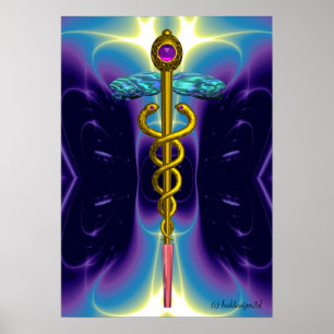 GOLD CADUCEUS Medical Symbol Purple Blue Waves Poster