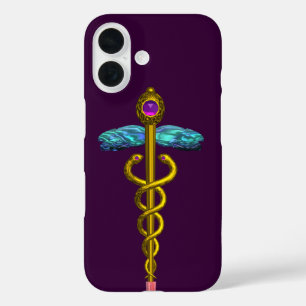 GOLD CADUCEUS MEDICAL SYMBOL ,Purple iPhone 16 Case