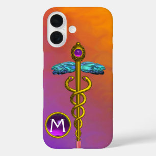 GOLD CADUCEUS MEDICAL SYMBOL Purple Gem Monogram iPhone 16 Case