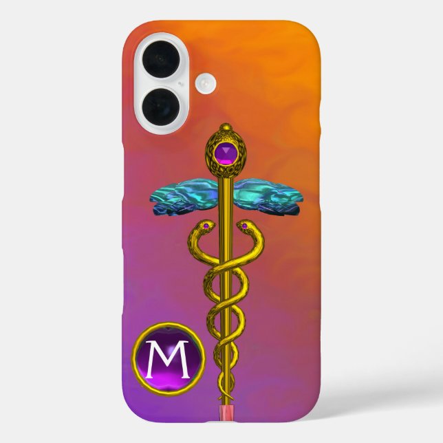 GOLD CADUCEUS MEDICAL SYMBOL Purple Gem Monogram Case-Mate iPhone Case (Back)