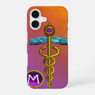 GOLD CADUCEUS MEDICAL SYMBOL Purple Gem Monogram iPhone 16 Case