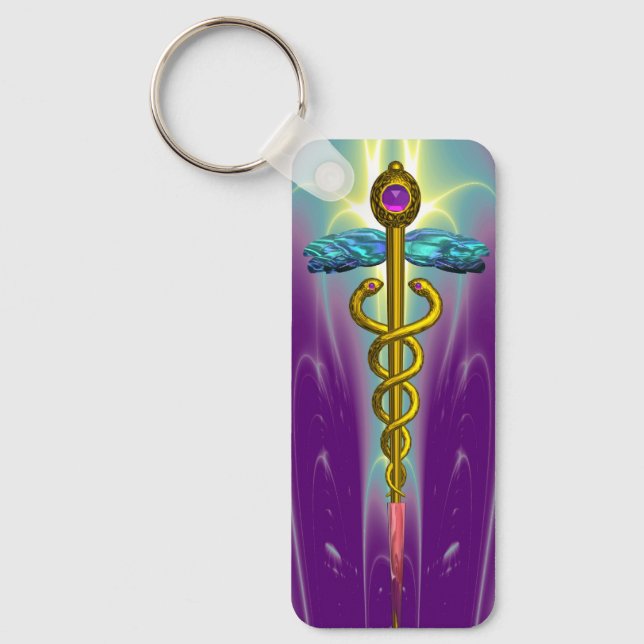 GOLD CADUCEUS MEDICAL SYMBOL Purple Green Key Ring (Front)