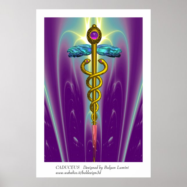 GOLD CADUCEUS Medical Symbol Purple Green Waves Poster (Front)