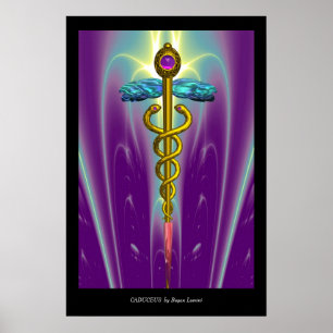 GOLD CADUCEUS Medical Symbol Purple Green Waves Poster