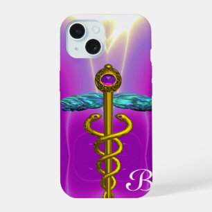GOLD CADUCEUS MEDICAL SYMBOL Purple Monogram iPhone 15 Case