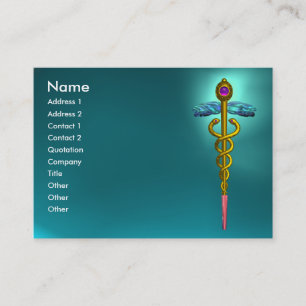 GOLD CADUCEUS,MEDICAL SYMBOL,TEAL BLUE AQUAMARINE BUSINESS CARD