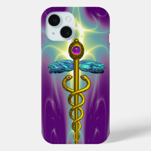 GOLD CADUCEUS MEDICAL SYMBOL ,Teal Green Purple iPhone 15 Case