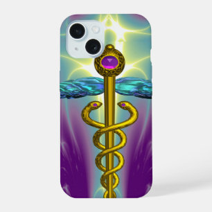 GOLD CADUCEUS MEDICAL SYMBOL ,Teal Green Purple iPhone 15 Case