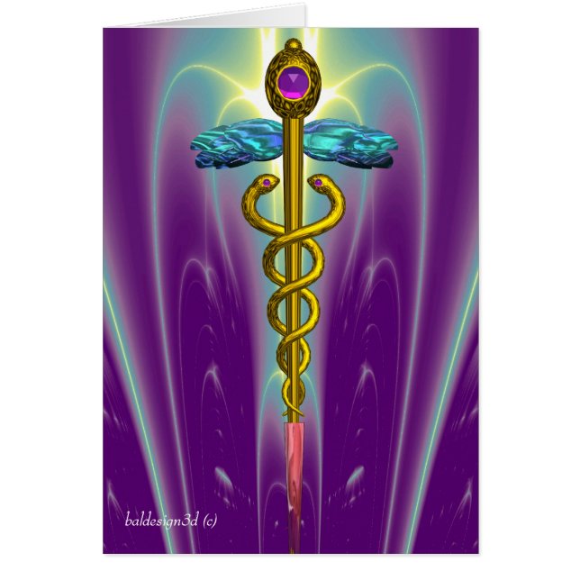 GOLD CADUCEUS MEDICAL SYMBOL Teal Purple Swirls (Front)