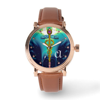 GOLD CADUCEUS MONOGRAM ,Aqua Blue,Teal Watch