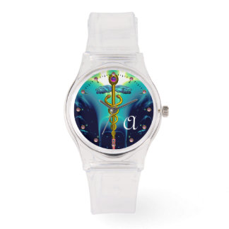 GOLD CADUCEUS MONOGRAM ,Aqua Blue,Teal Watch