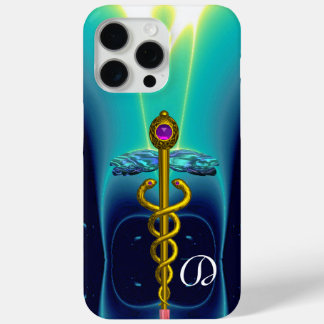 GOLD CADUCEUS MONOGRAM ,Teal Aqua blue iPhone 15 Pro Max Case