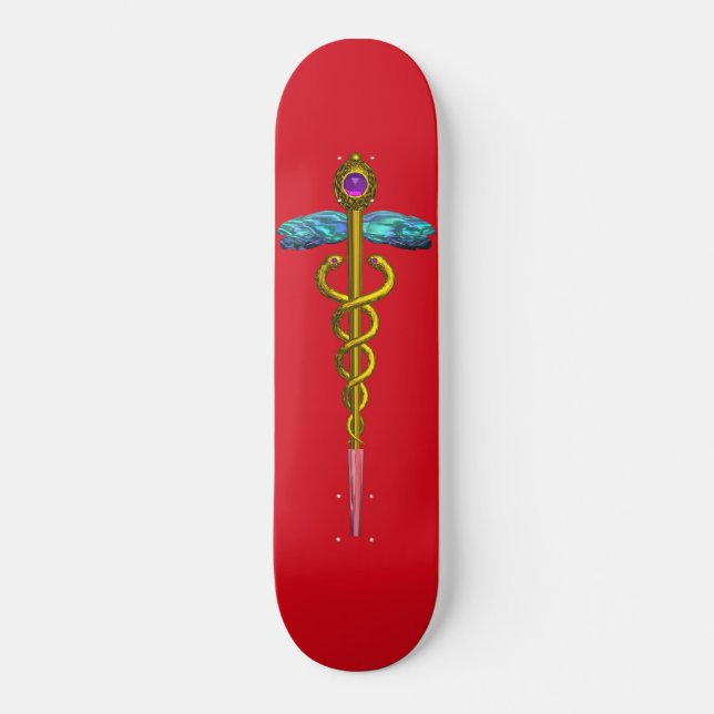 GOLD CADUCEUS, Red Skateboard (Front)