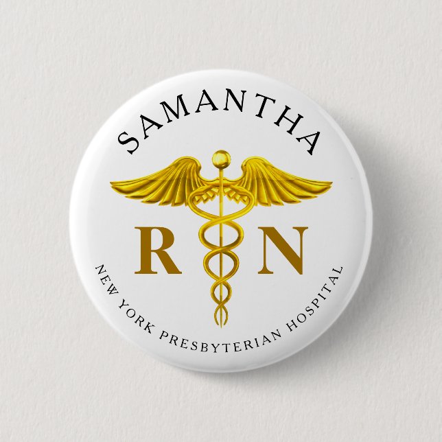 Gold Caduceus Registered Nurse Name 6 Cm Round Badge (Front)