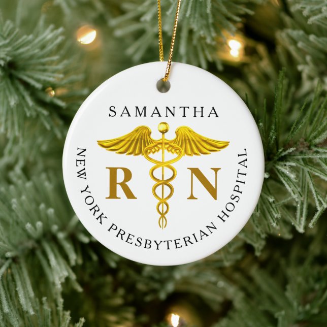 Gold Caduceus Registered Nurse Photo Ceramic Tree Decoration (Tree)