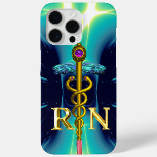 GOLD CADUCEUS REGISTERED NURSE SYMBOL Aqua Blue iPhone 15 Pro Max Case