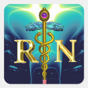 GOLD CADUCEUS REGISTERED NURSE SYMBOL Aqua Blue Square Sticker