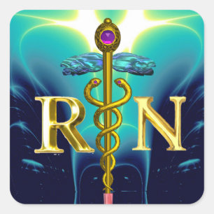 GOLD CADUCEUS REGISTERED NURSE SYMBOL Aqua Blue Square Sticker